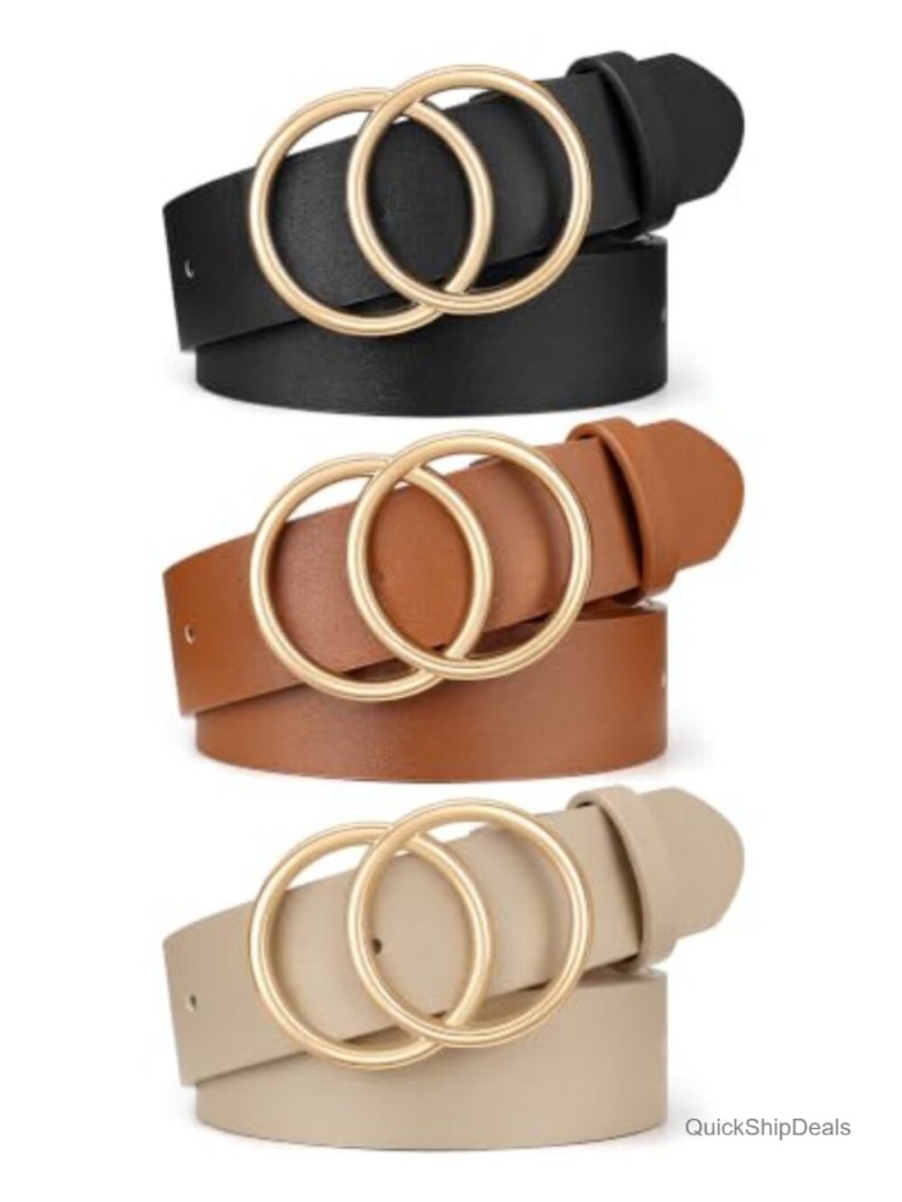 3 Pack Women's Faux Leather Belts Double O-Ring Gold Buckle
